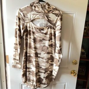 Almost Famous Cream Tan Cut Out Long Sleeve Hoodie Dress